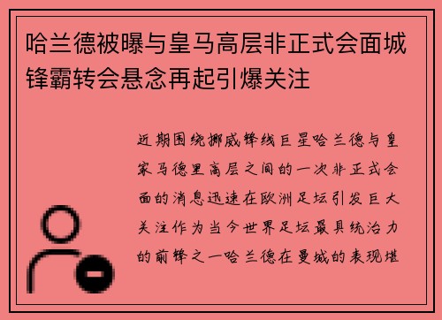 哈兰德被曝与皇马高层非正式会面城锋霸转会悬念再起引爆关注 哈兰德被曝与皇马高层非正式会面城锋霸转会悬念再起引爆关注