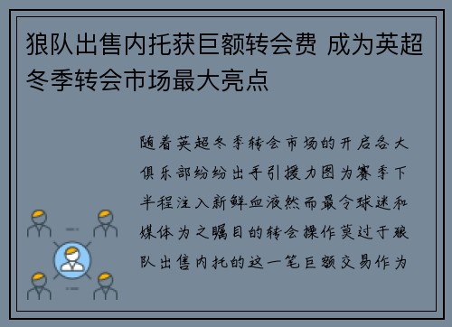 狼队出售内托获巨额转会费 成为英超冬季转会市场最大亮点